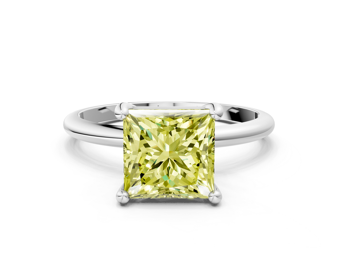 White gold Fancy Yellow Princess  Solitaire Diamond Ring with 4-Prong Setting on a Classic Band_3