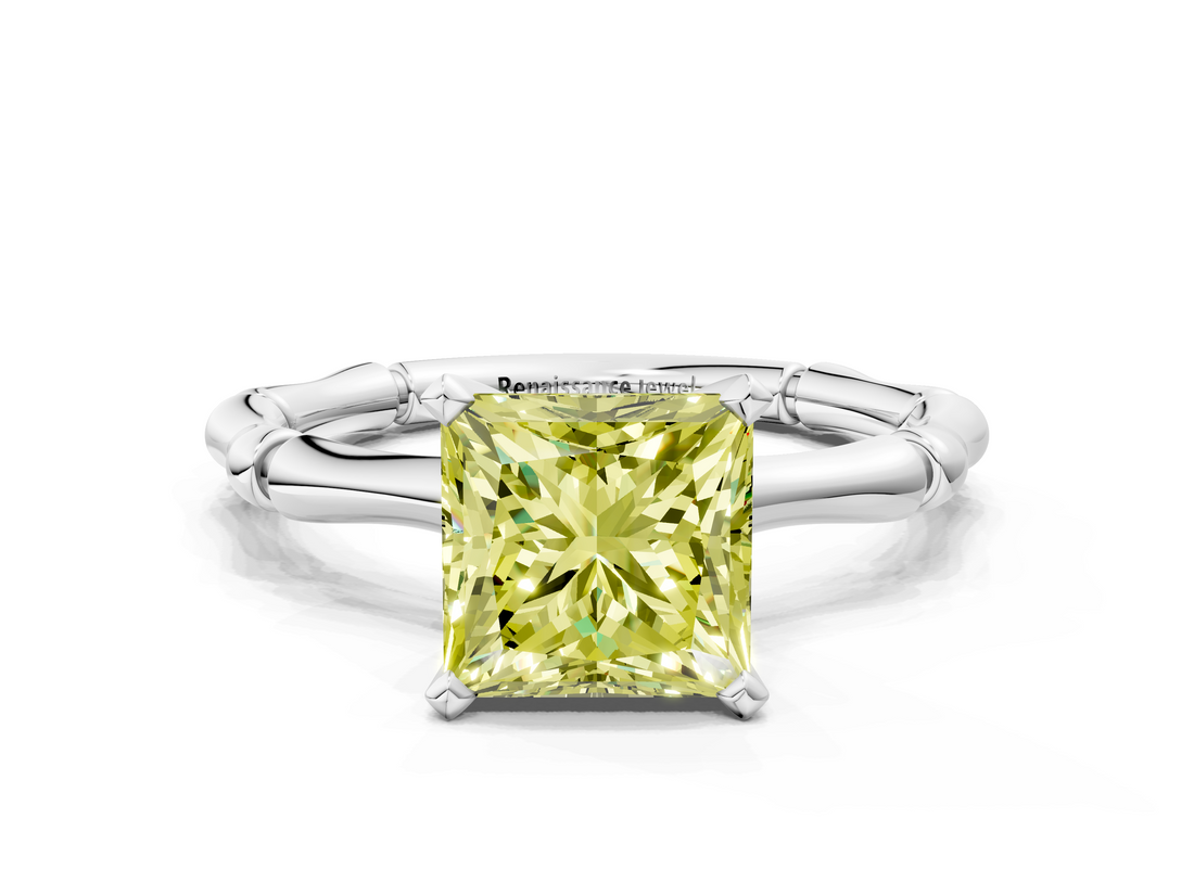 White gold Fancy Yellow Princess  Solitaire Diamond Ring with Bamboo Band and Four-Prong Setting