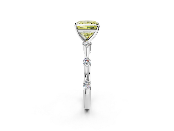 White gold Fancy Yellow Princess  Solitaire Diamond Ring with Bezel Set Side Stones and Prong Setting