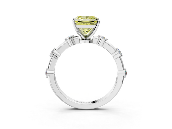 White gold Fancy Yellow Princess  Solitaire Diamond Ring with Bezel Set Side Stones and Prong Setting