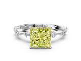 White gold Fancy Yellow Princess  Solitaire Diamond Ring with Bezel Set Side Stones and Prong Setting