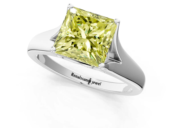 White gold Fancy Yellow Princess  Solitaire Diamond Ring with Cathedral Band and Four-Prong Setting