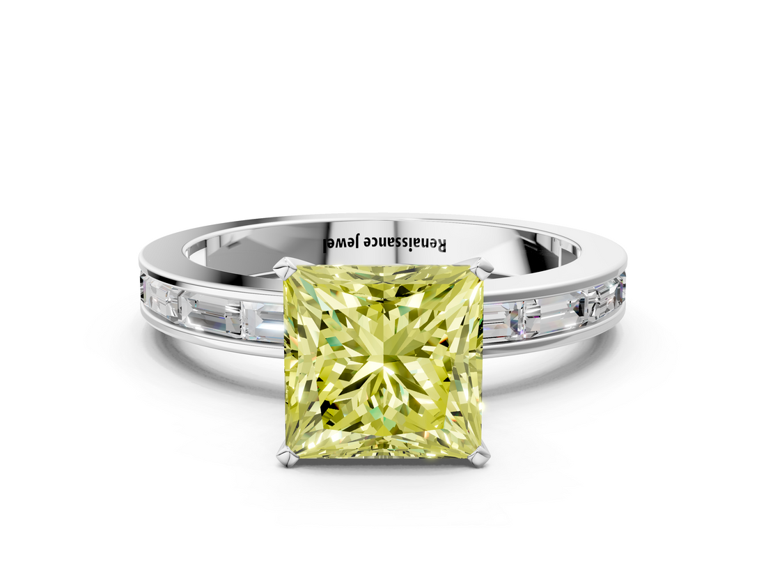 White gold Fancy Yellow Princess  Solitaire Diamond Ring with Channel-Set Baguette Band and Four-Prong Setting