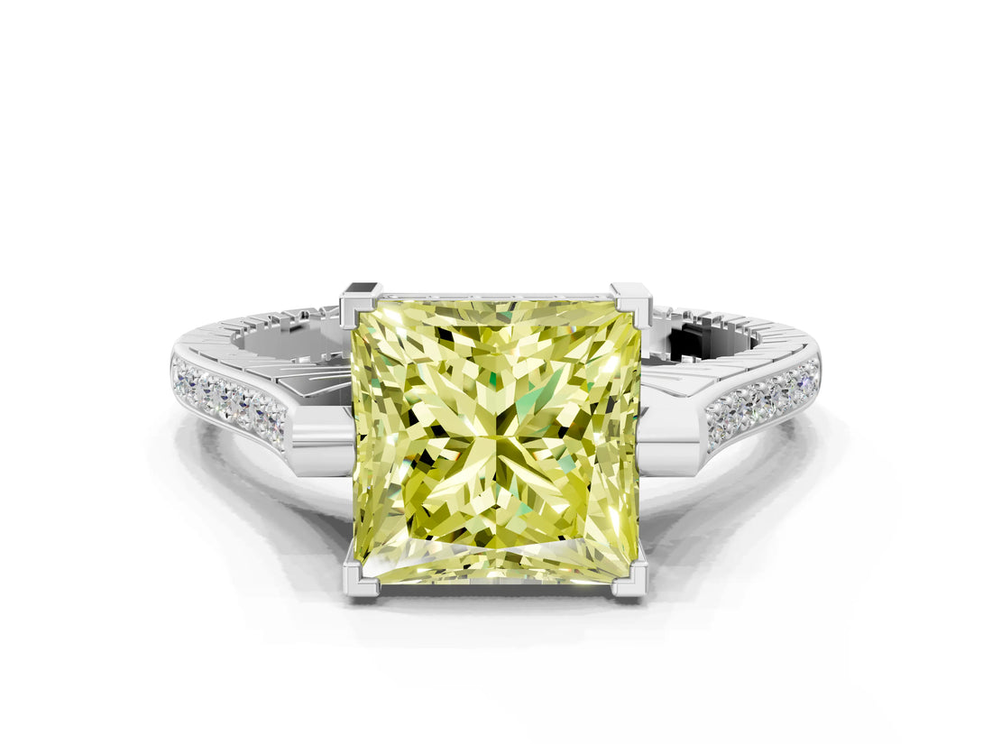 White gold Fancy Yellow Princess  Solitaire Diamond Ring with Channel Set Band and Bezel Prong Setting_56