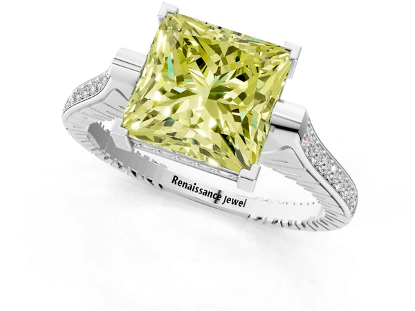Platinum Fancy Yellow Princess  Solitaire Diamond Ring with Channel Set Band and Bezel Prong Setting