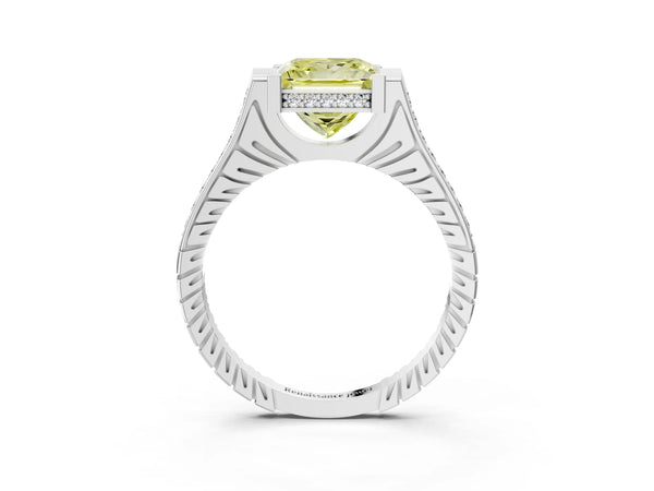 Platinum Fancy Yellow Princess  Solitaire Diamond Ring with Channel Set Band and Bezel Prong Setting