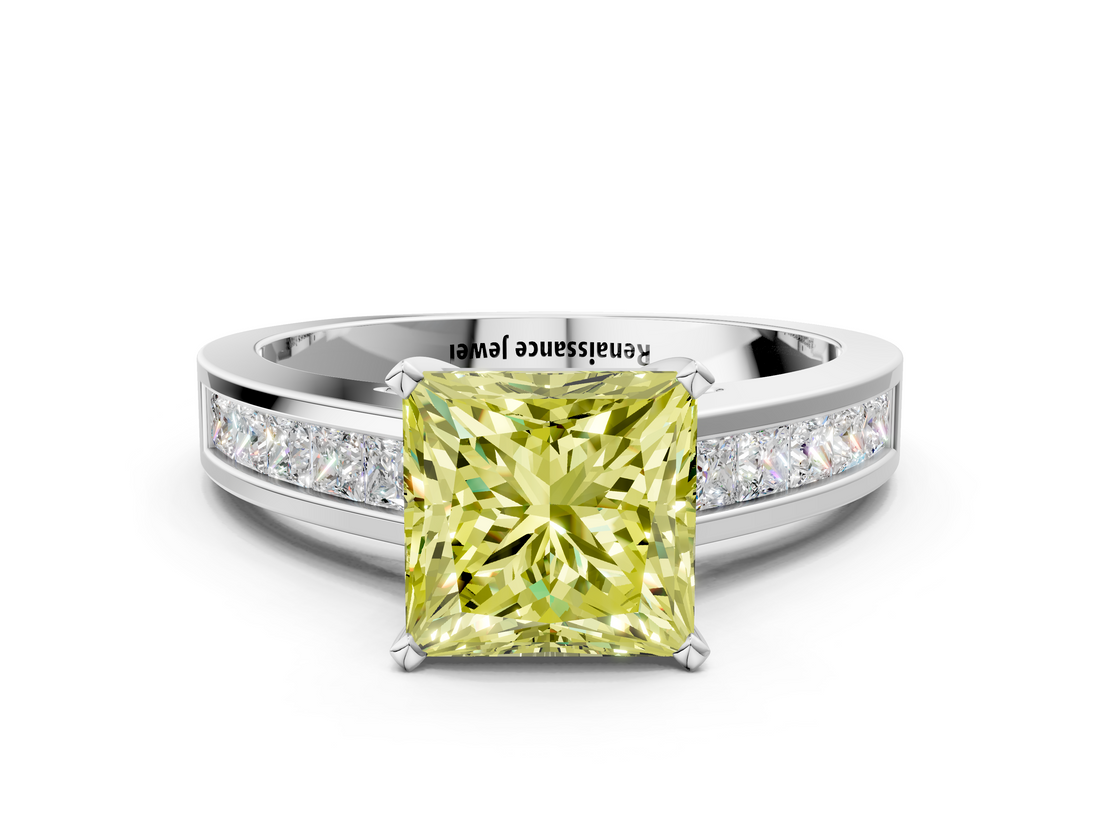 White gold Fancy Yellow Princess  Solitaire Diamond Ring with Channel-Set Band and Four-Prong Setting_3