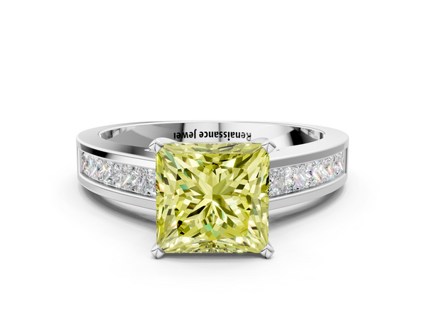 Platinum Fancy Yellow Princess  Solitaire Diamond Ring with Channel-Set Band and Four-Prong Setting