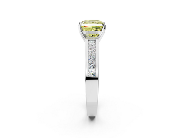 Platinum Fancy Yellow Princess  Solitaire Diamond Ring with Channel-Set Band and Four-Prong Setting
