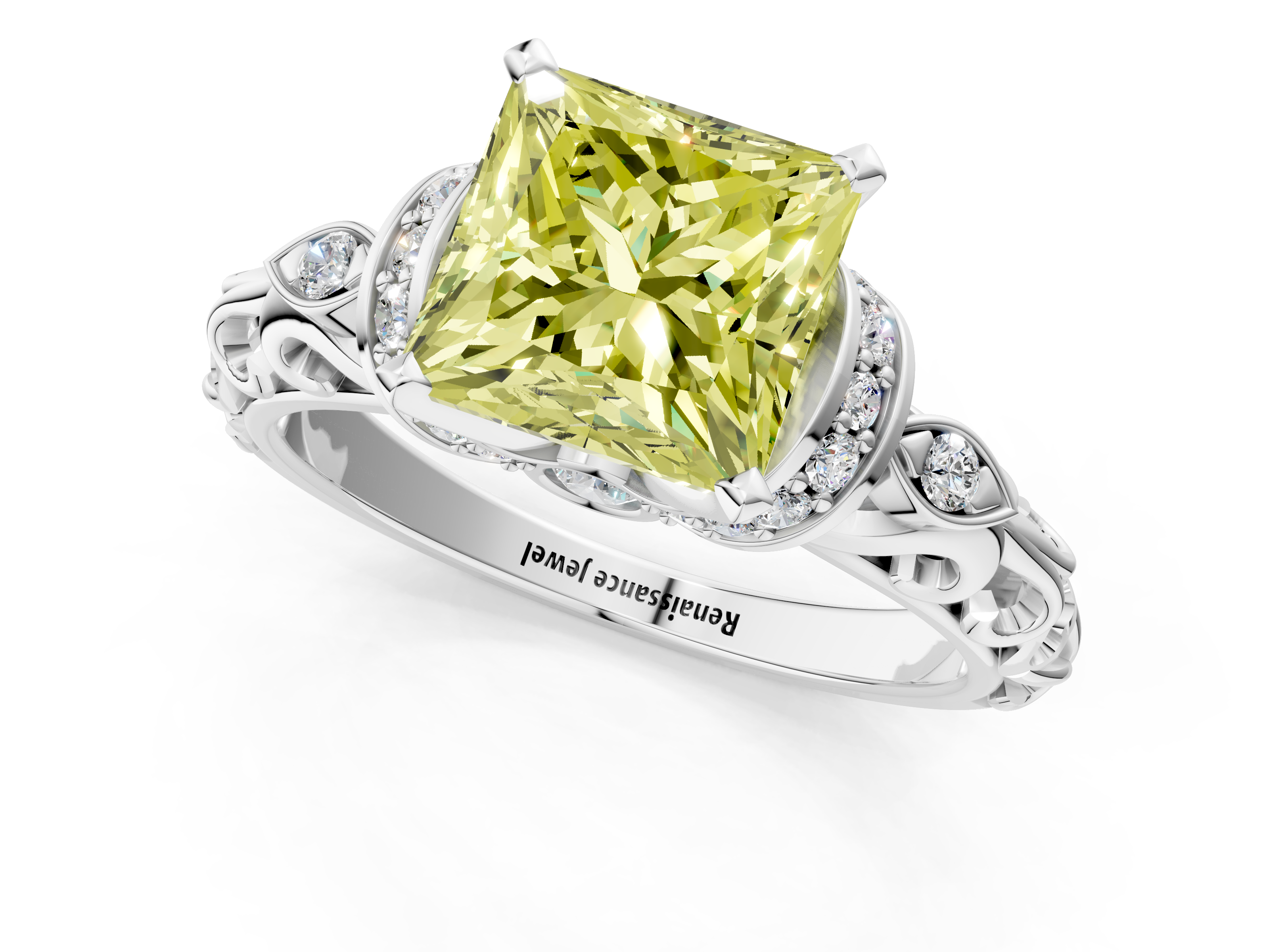 White gold Fancy Yellow Princess  Solitaire Diamond Ring with Filigree Band and Four-Prong Setting_1
