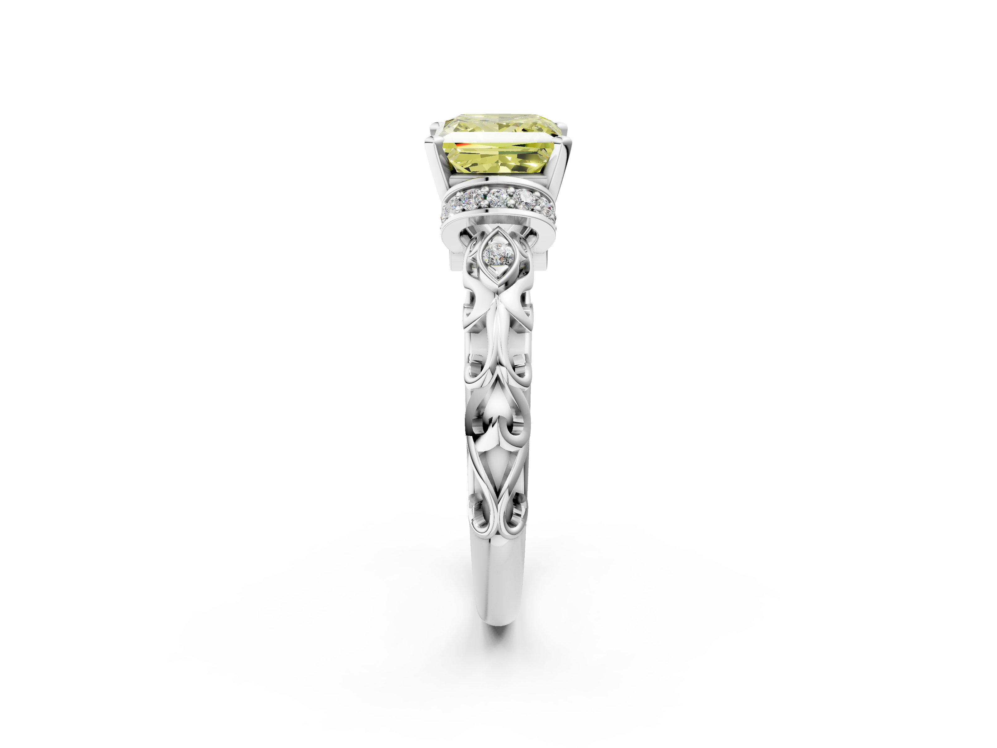 White gold Fancy Yellow Princess  Solitaire Diamond Ring with Filigree Band and Four-Prong Setting_2