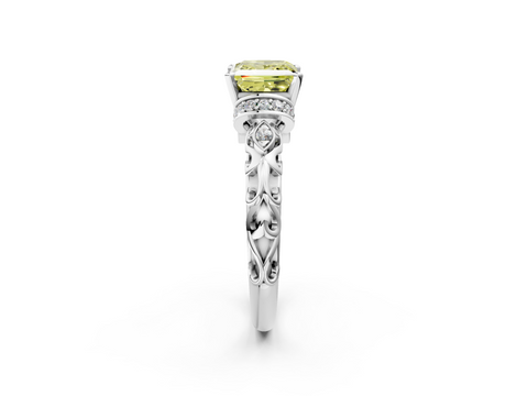 White gold Fancy Yellow Princess  Solitaire Diamond Ring with Filigree Band and Four-Prong Setting_2