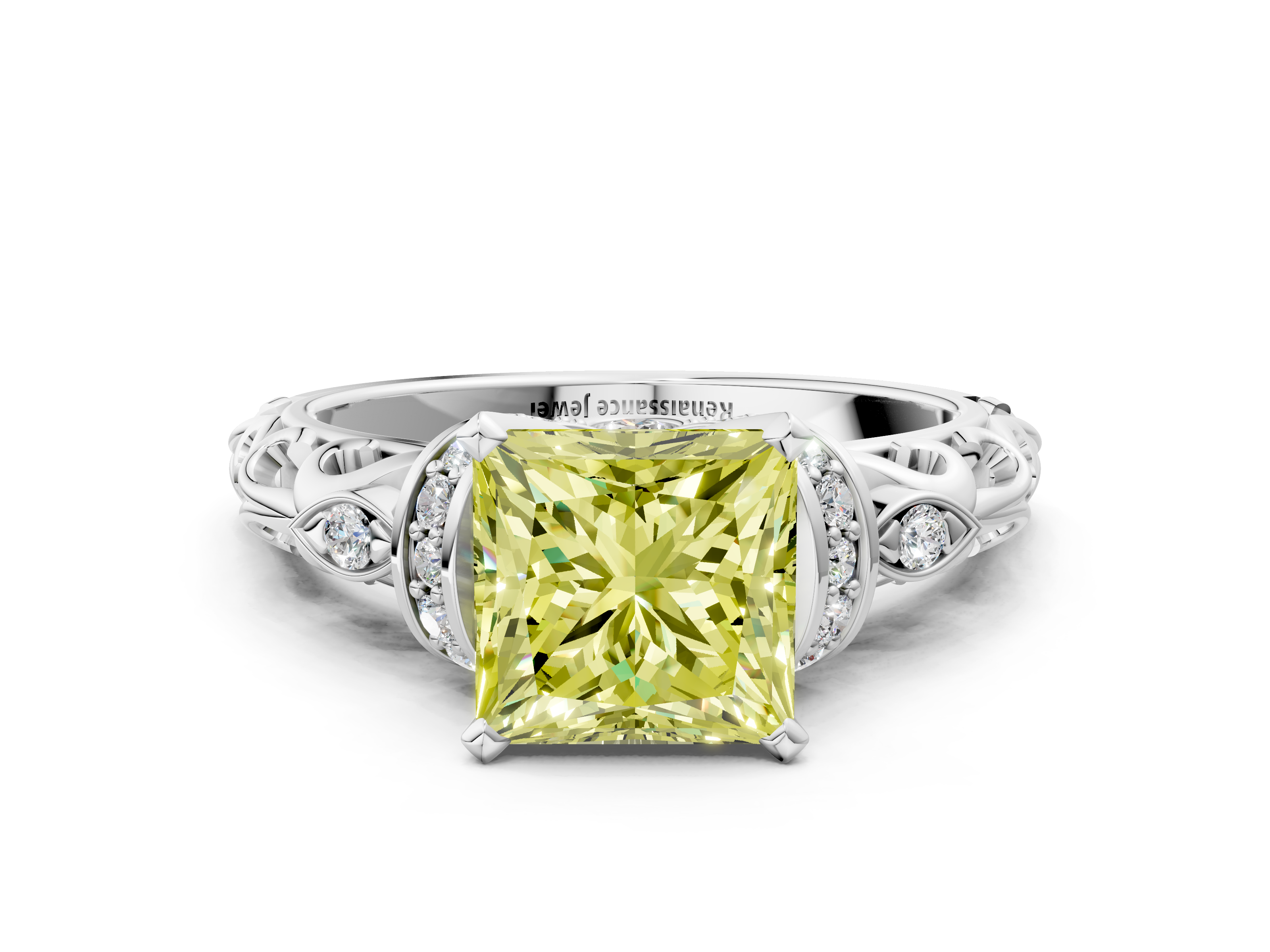 White gold Fancy Yellow Princess  Solitaire Diamond Ring with Filigree Band and Four-Prong Setting