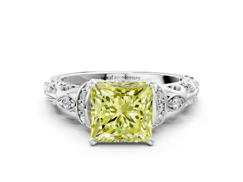 White gold Fancy Yellow Princess  Solitaire Diamond Ring with Filigree Band and Four-Prong Setting