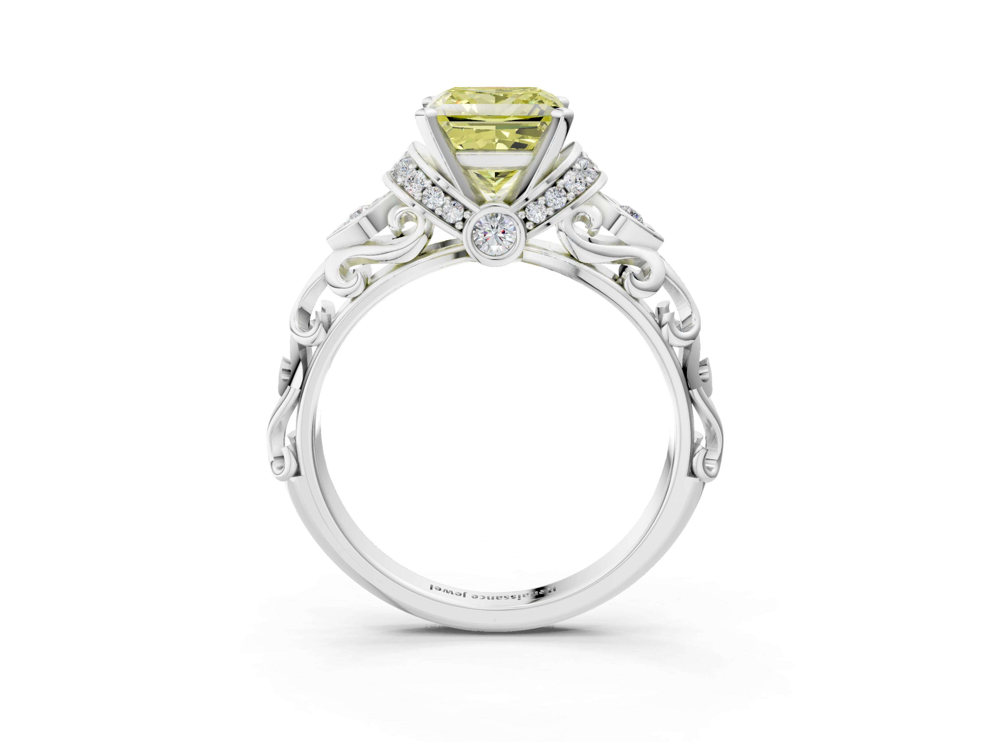 White gold Fancy Yellow Princess  Solitaire Diamond Ring with Filigree Band and Four-Prong Setting_3