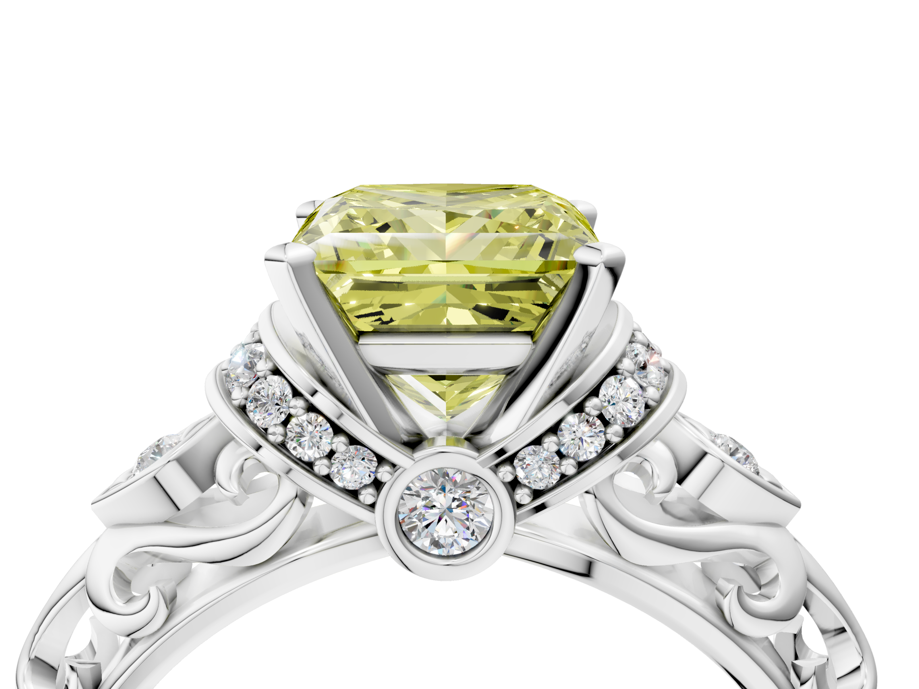 White gold Fancy Yellow Princess  Solitaire Diamond Ring with Filigree Band and Four-Prong Setting_4
