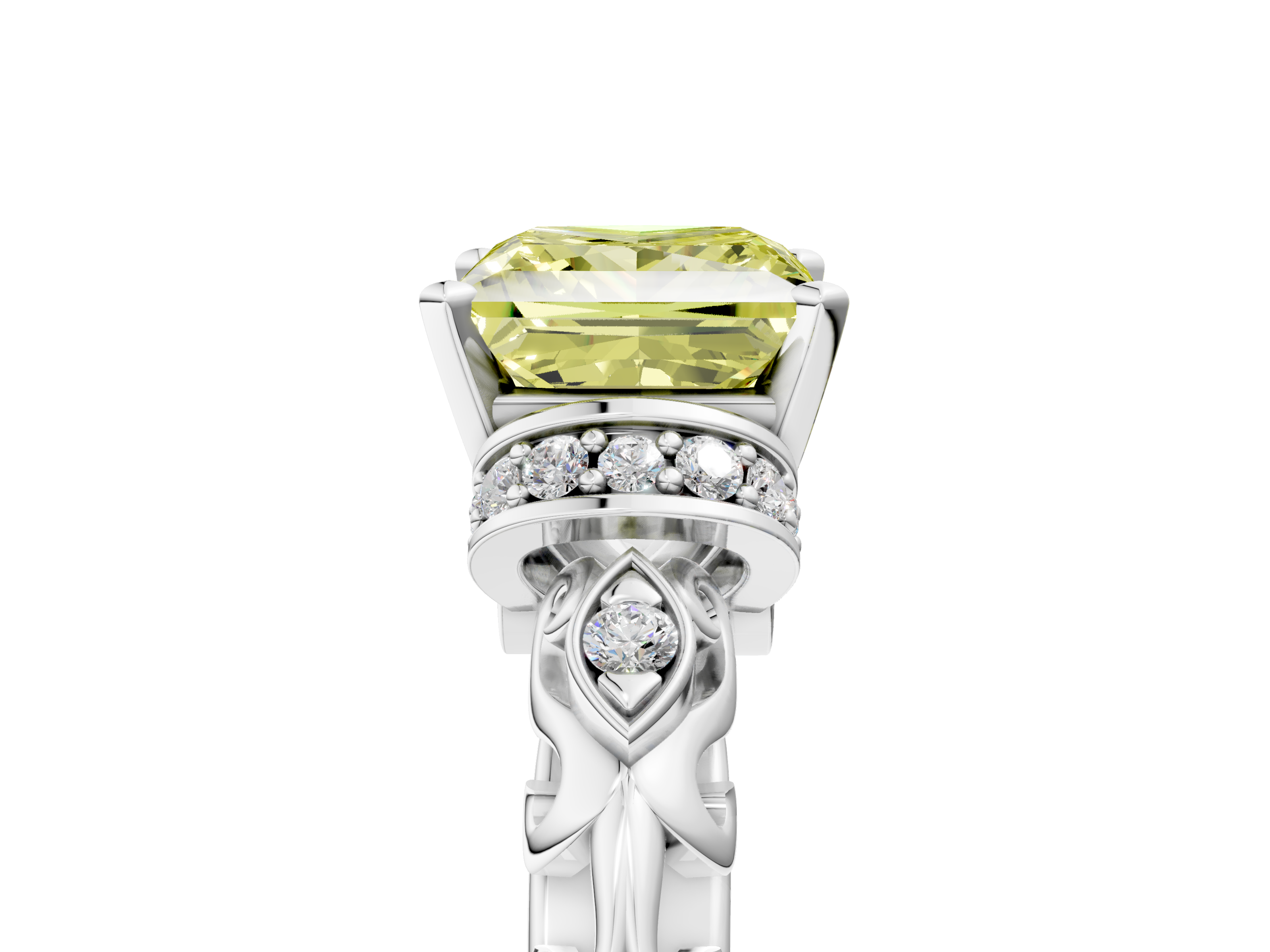 White gold Fancy Yellow Princess  Solitaire Diamond Ring with Filigree Band and Four-Prong Setting_5