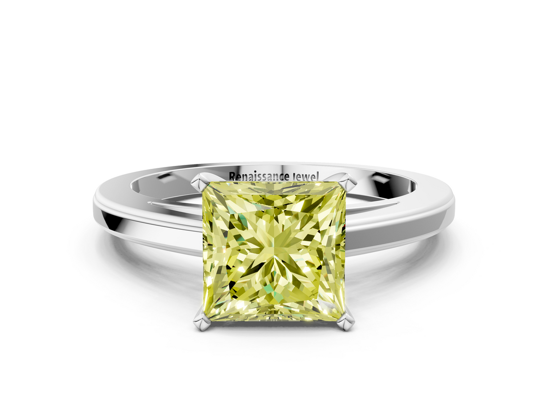 White gold Fancy Yellow Princess  Solitaire Diamond Ring with Four-Prong Setting and Classic Band_3