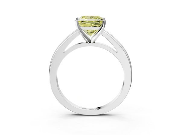 White gold Fancy Yellow Princess  Solitaire Diamond Ring with Four-Prong Setting and Classic Band