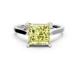 White gold Fancy Yellow Princess  Solitaire Diamond Ring with Four-Prong Setting and Tapered Band