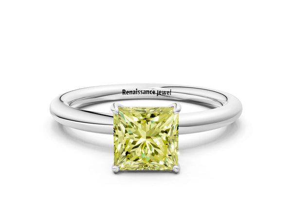 White gold Fancy Yellow Princess  Solitaire Diamond Ring with Four-Prong Setting on a Plain Band