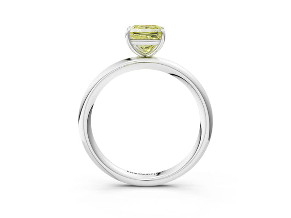 White gold Fancy Yellow Princess  Solitaire Diamond Ring with Four-Prong Setting on a Plain Band
