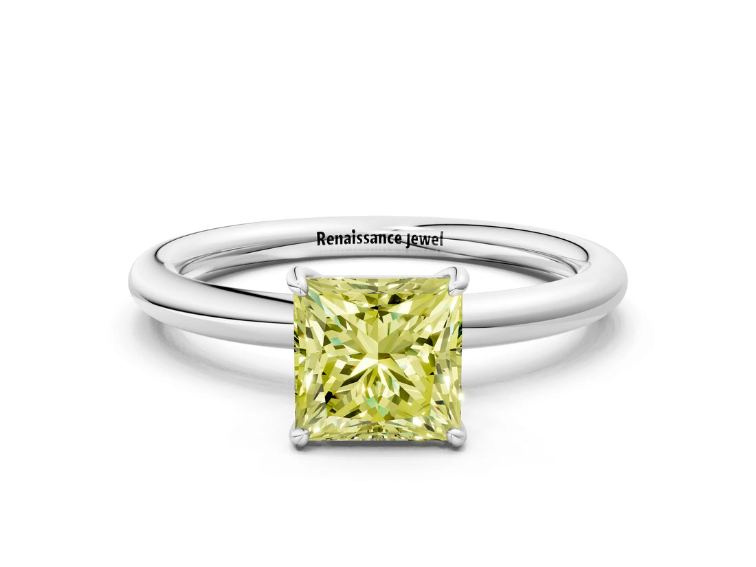 White gold Fancy Yellow Princess  Solitaire Diamond Ring with Four-Prong Setting on a Plain Band_44