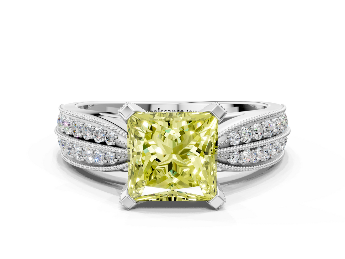 White gold Fancy Yellow Princess  Solitaire Diamond Ring with Milgrain Pavé Band and Four-Prong Setting_20