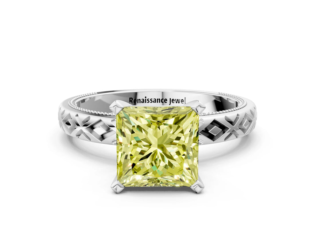 White gold Fancy Yellow Princess  Solitaire Diamond Ring with Milgrain and Black Enamel X Pattern Band_29