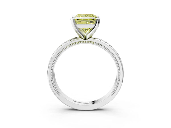 White gold Fancy Yellow Princess  Solitaire Diamond Ring with Milgrain and Black Enamel X Pattern Band