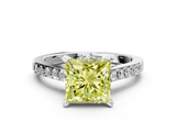 White gold Fancy Yellow Princess  Solitaire Diamond Ring with Pavé Band and Four-Prong Setting