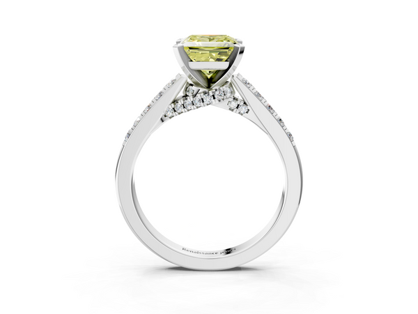 White gold Fancy Yellow Princess  Diamond Solitaire Ring with Pavé Band and Prong Setting