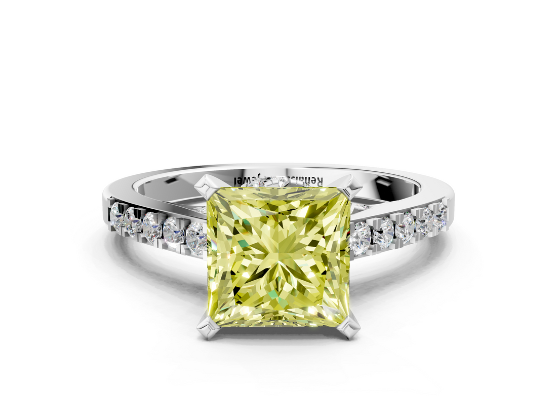 White gold Fancy Yellow Princess  Solitaire Diamond Ring with Pavé Band and Four-Prong Setting
