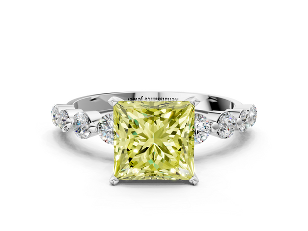 Platinum Fancy Yellow Princess Cut Solitaire Diamond Ring with Pave Band and Four-Prong Setting