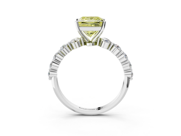 Platinum Fancy Yellow Princess Cut Solitaire Diamond Ring with Pave Band and Four-Prong Setting