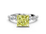 White gold Fancy Yellow Princess  Solitaire Diamond Ring with Pave Band and Four-Prong Setting