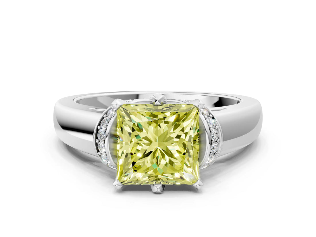 White gold Fancy Yellow Princess  Solitaire Diamond Ring with Pave Band and Six-Prong Setting_82