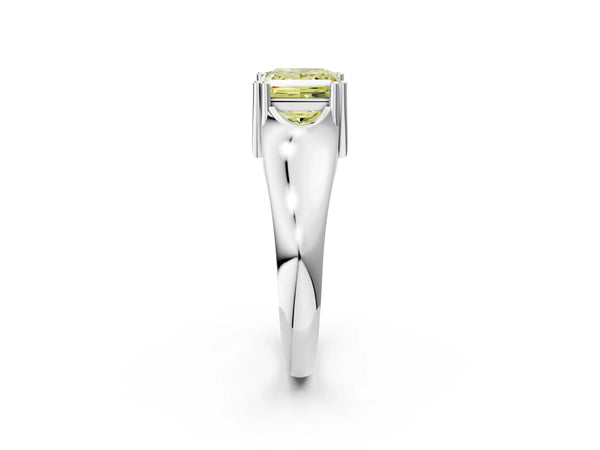 Platinum Fancy Yellow Princess Cut Diamond Solitaire Ring with Wide Band and Prong Setting