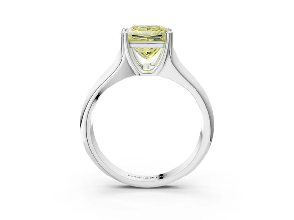 Platinum Fancy Yellow Princess Cut Diamond Solitaire Ring with Wide Band and Prong Setting