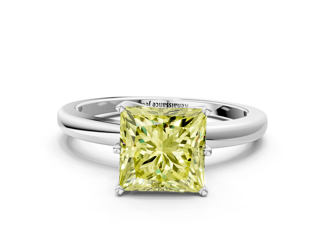 White gold Fancy Yellow Princess  Solitaire Diamond Ring with Six-Prong Setting on a Classic Band