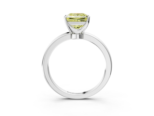 Platinum Fancy Yellow Princess  Solitaire Diamond Ring with Six-Prong Setting on a Classic Band