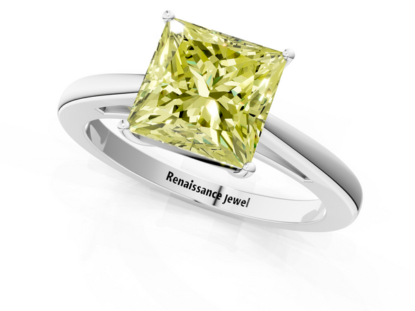 Platinum Fancy Yellow Princess  Solitaire Diamond Ring with Split Shank and Four-Prong Setting