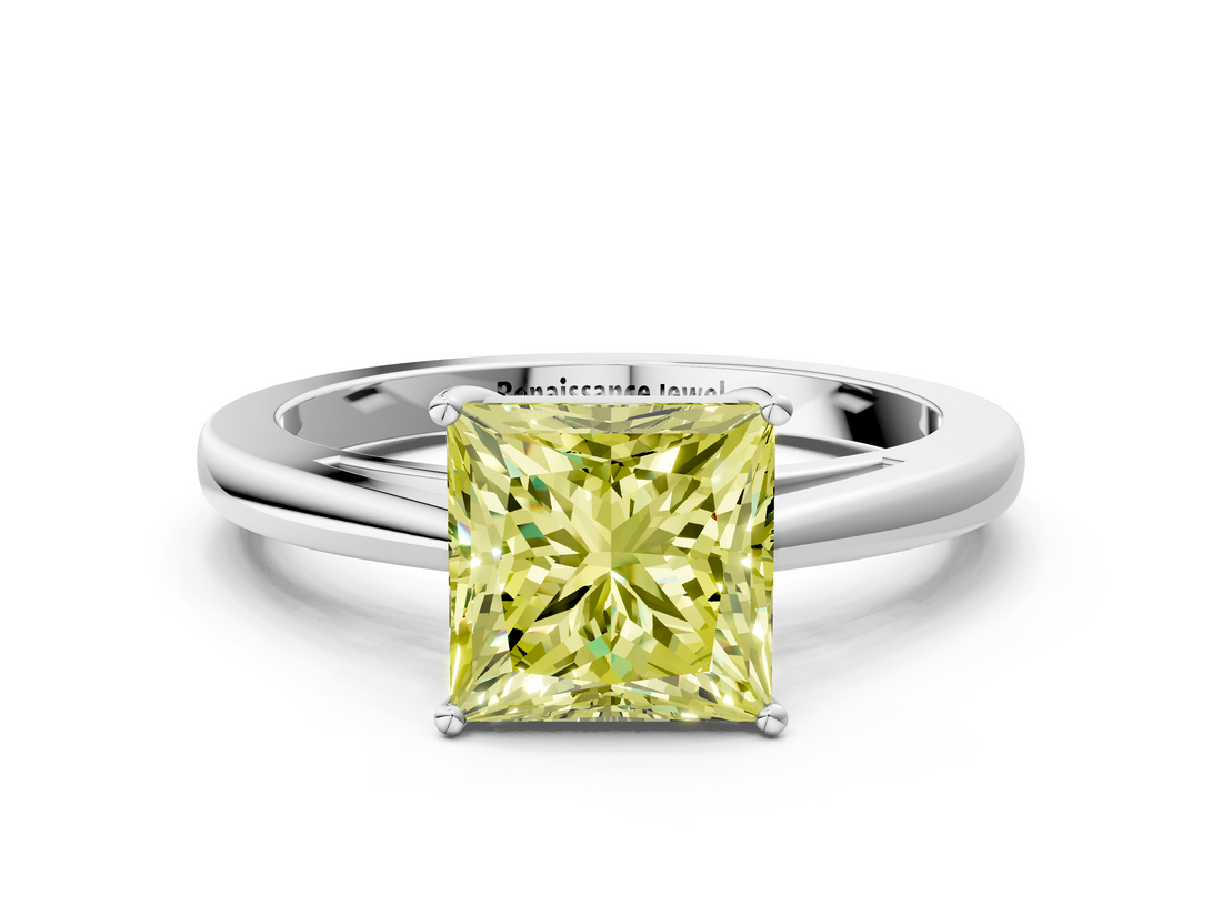 White gold Fancy Yellow Princess  Solitaire Diamond Ring with Split Shank and Four-Prong Setting