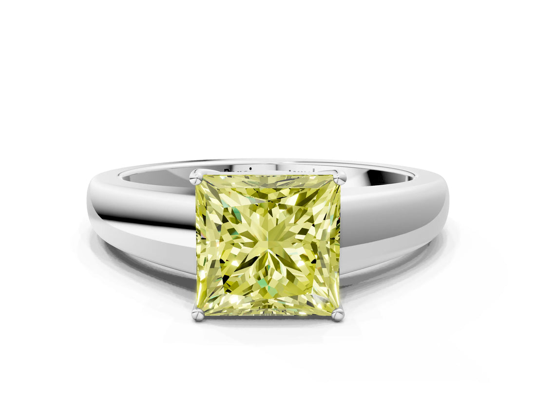 White gold Fancy Yellow Princess  Solitaire Diamond Ring with Tapered Band and Four-Prong Setting_53
