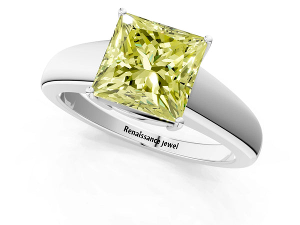 Platinum Fancy Yellow Princess  Solitaire Diamond Ring with Tapered Band and Four-Prong Setting