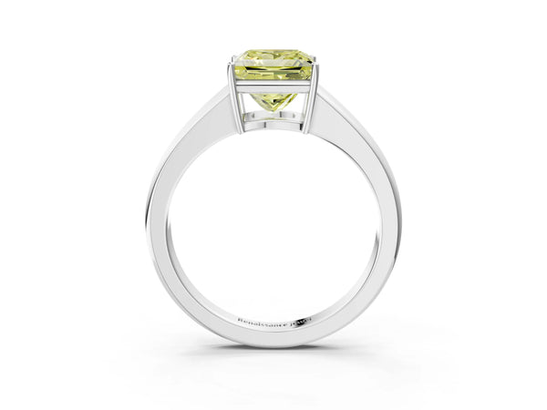 Platinum Fancy Yellow Princess  Solitaire Diamond Ring with Tapered Band and Four-Prong Setting