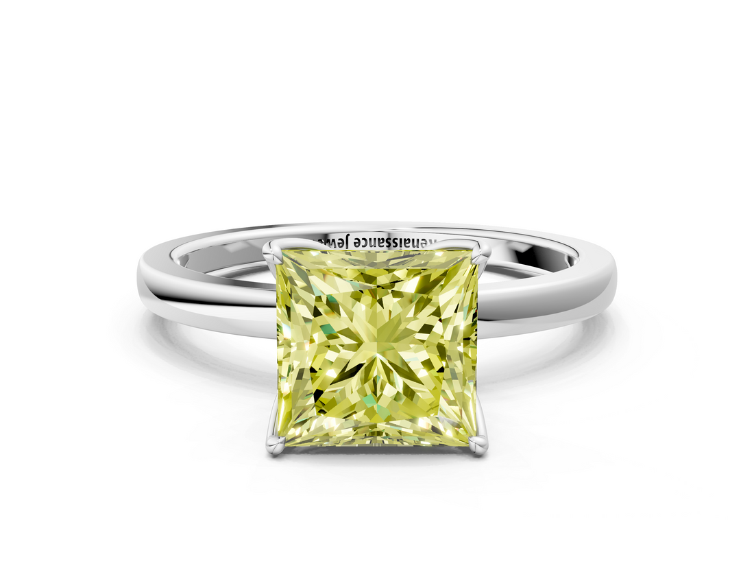 White gold Fancy Yellow Princess  Solitaire Diamond Ring with Thin Band and Four-Prong Setting