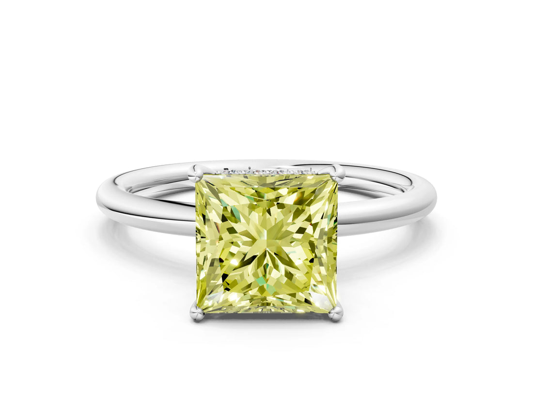 White gold Fancy Yellow Princess  Solitaire Diamond Ring with a Classic Band and Four-Prong Setting 1