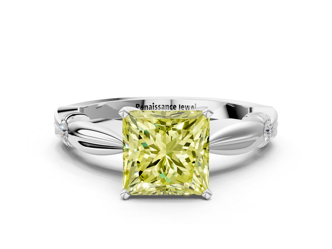White gold Fancy Yellow Princess  Solitaire Diamond Twisted Band with Four-Prong Setting