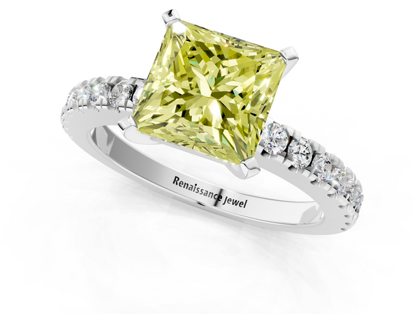 Platinum Fancy Yellow Princess  Solitaire Diamond with Pavé Band and Four-Prong Setting